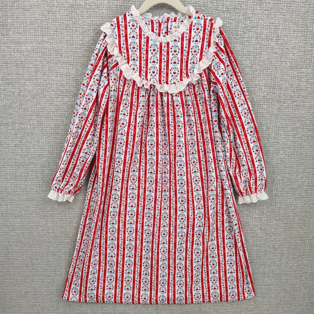 Lanz Kids Nightgown Pj Sleep‎ Shirt Flannel Long Sleeve Red Stripe Floral Sz 6/7